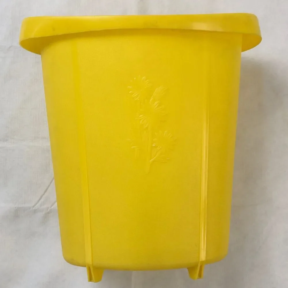 Vintage Yellow Embossed Floral Footed Wastebasket 1970s Small Trash Can 13